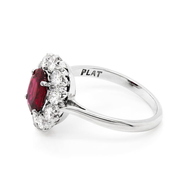 1.44 Carat Natural Ruby and Diamond Coronet Cluster Platinum Engagement Ring
