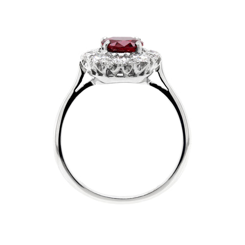 1.44 Carat Natural Ruby and Diamond Coronet Cluster Platinum Engagement Ring