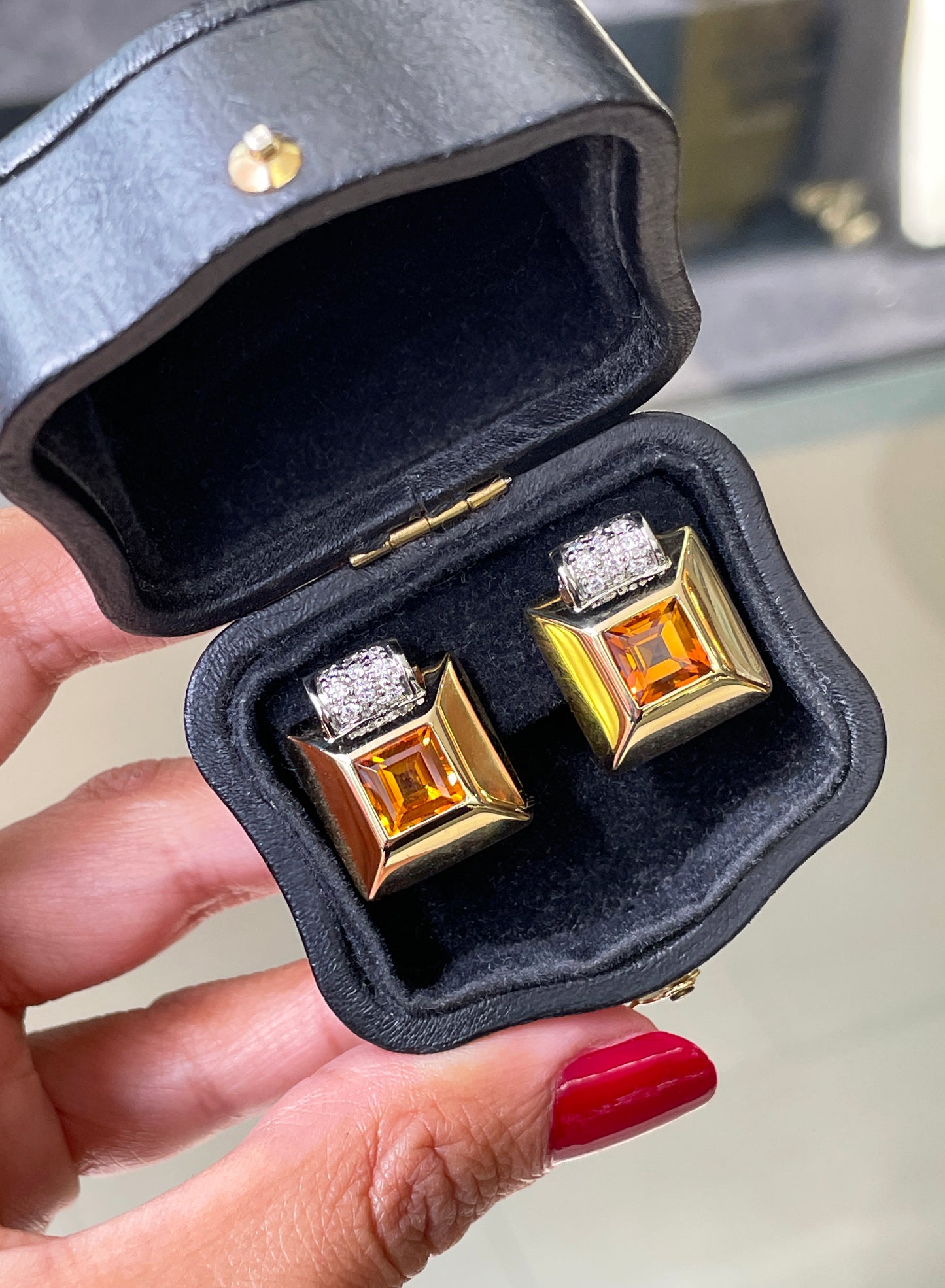 Retro Citrine and Diamond 18 Carat Gold Square Stud Earrings
