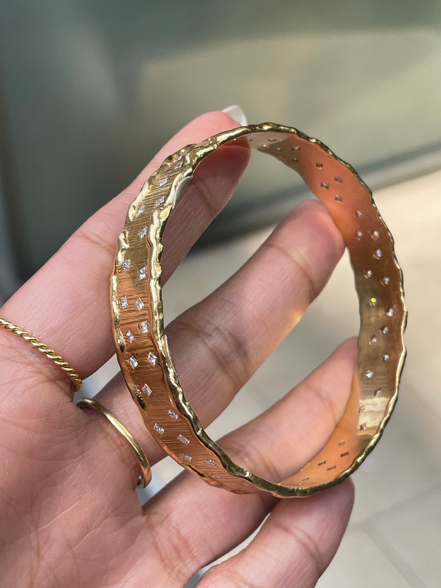 18 Carat Textured Yellow Gold Diamond Bangle Bracelet