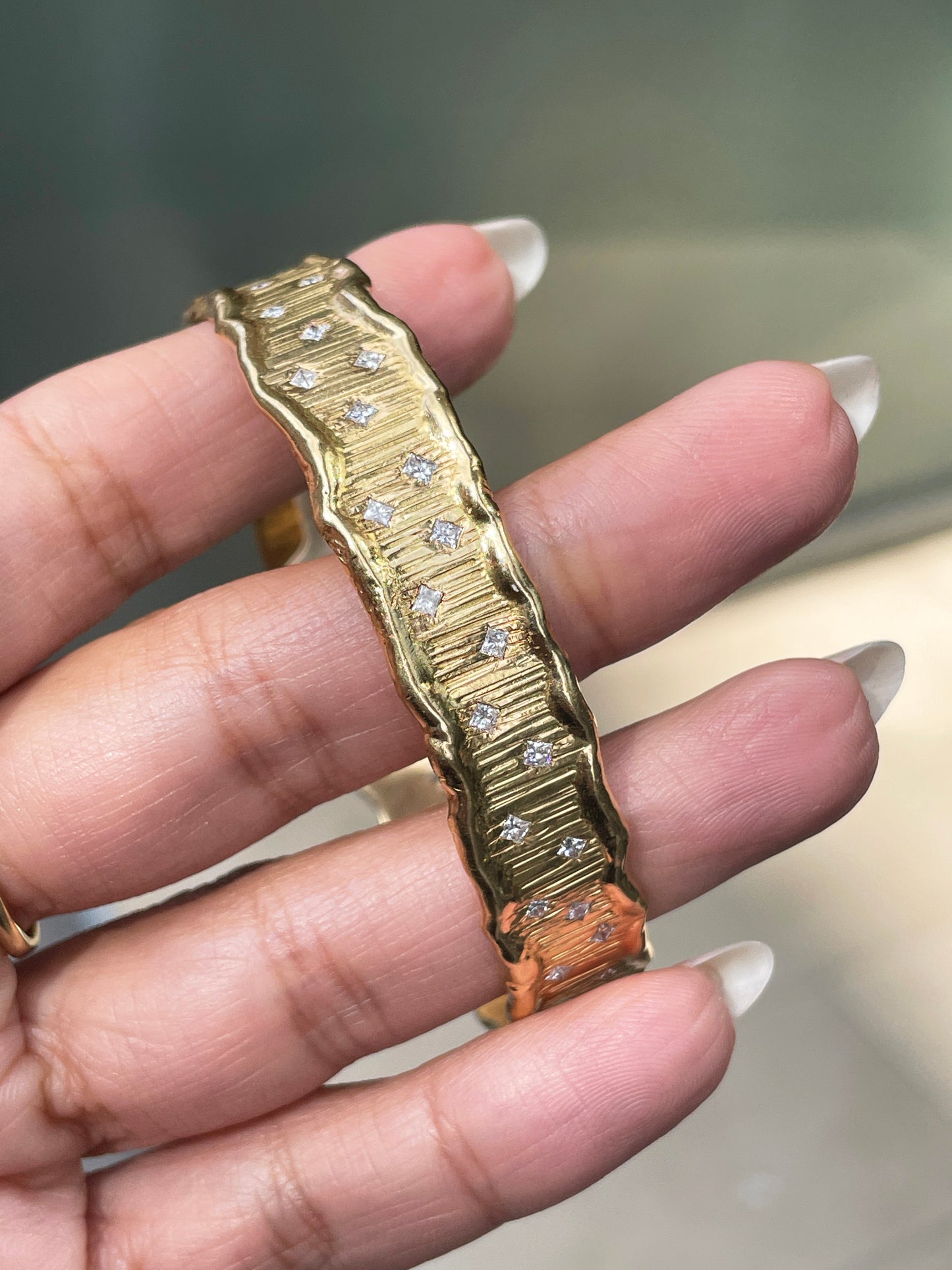 18 Carat Textured Yellow Gold Diamond Bangle Bracelet