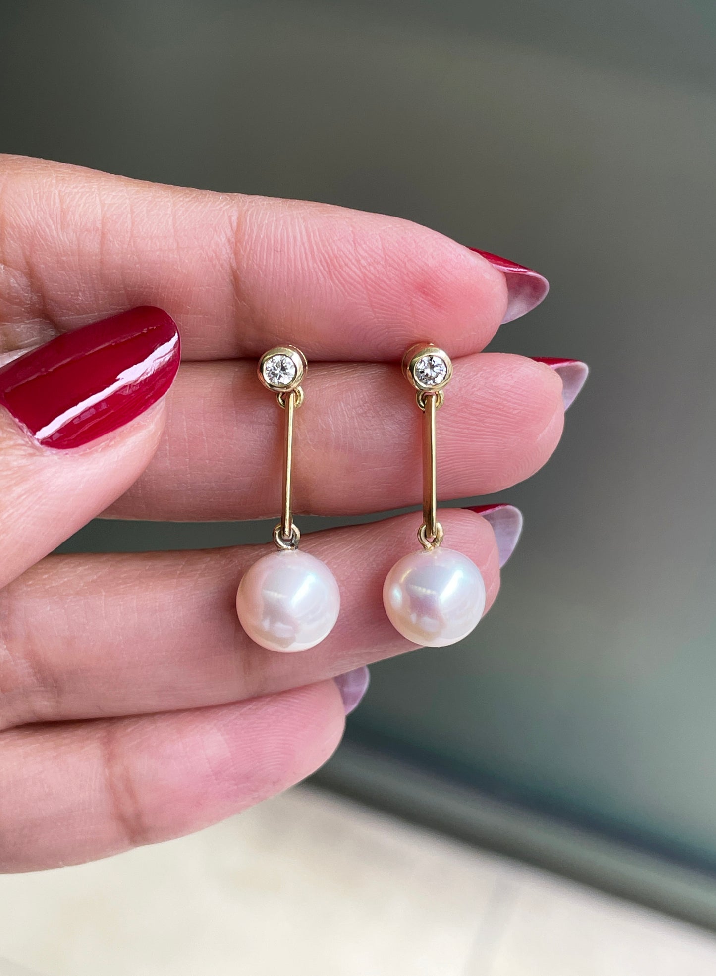 Freshwater Pearl and Diamond 18 Carat Yellow Gold Drop Earrings