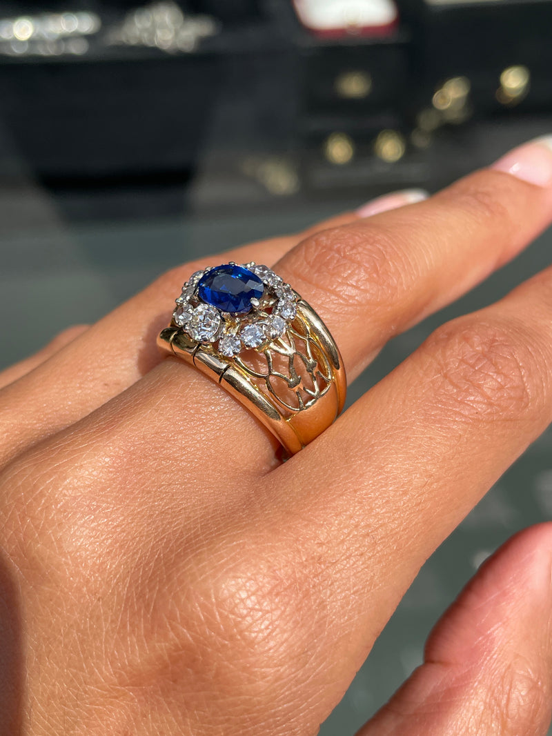 1.49ct Natural Unheated Blue Sapphire & Diamond 18K Gold Dress Ring, c.1940s