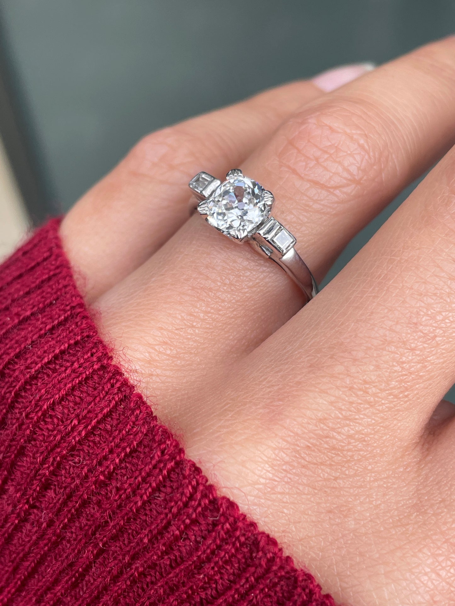 Art Deco 1.17ct Old Mine Cut Diamond Three-Stone Platinum Engagement Ring