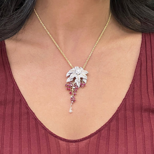 3.43ct Diamond and Ruby 18 Carat White & Yellow Gold Cascade Floral Pendant