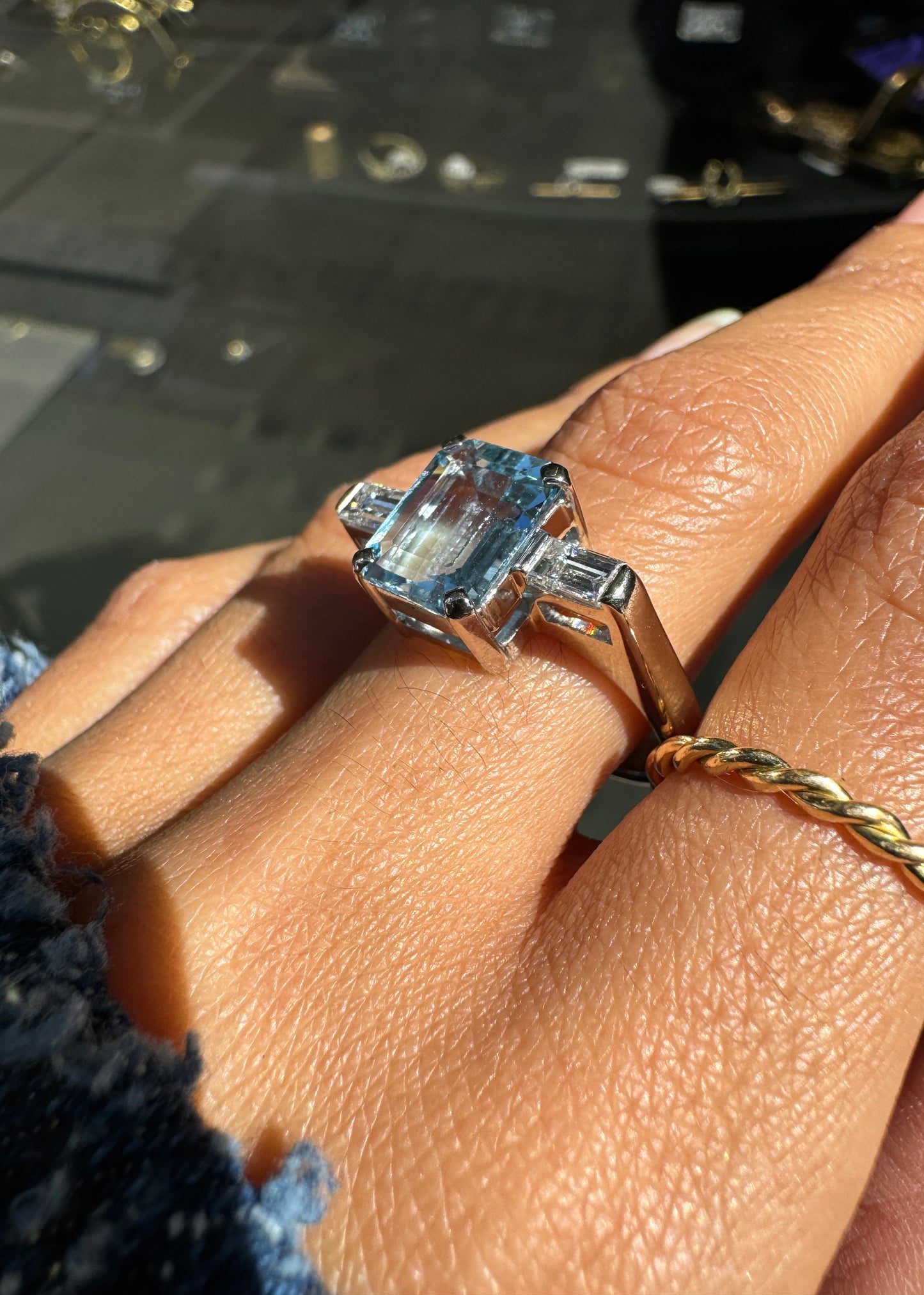 Aquamarine and Diamond 18 Carat White Gold Art Deco Style Three-Stone Dress Ring
