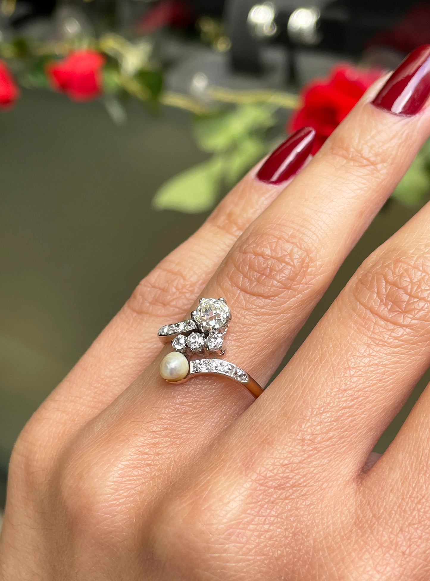 Pearl and Diamond Toi et Moi 18ct Gold and Platinum Engagement Ring, c.1910