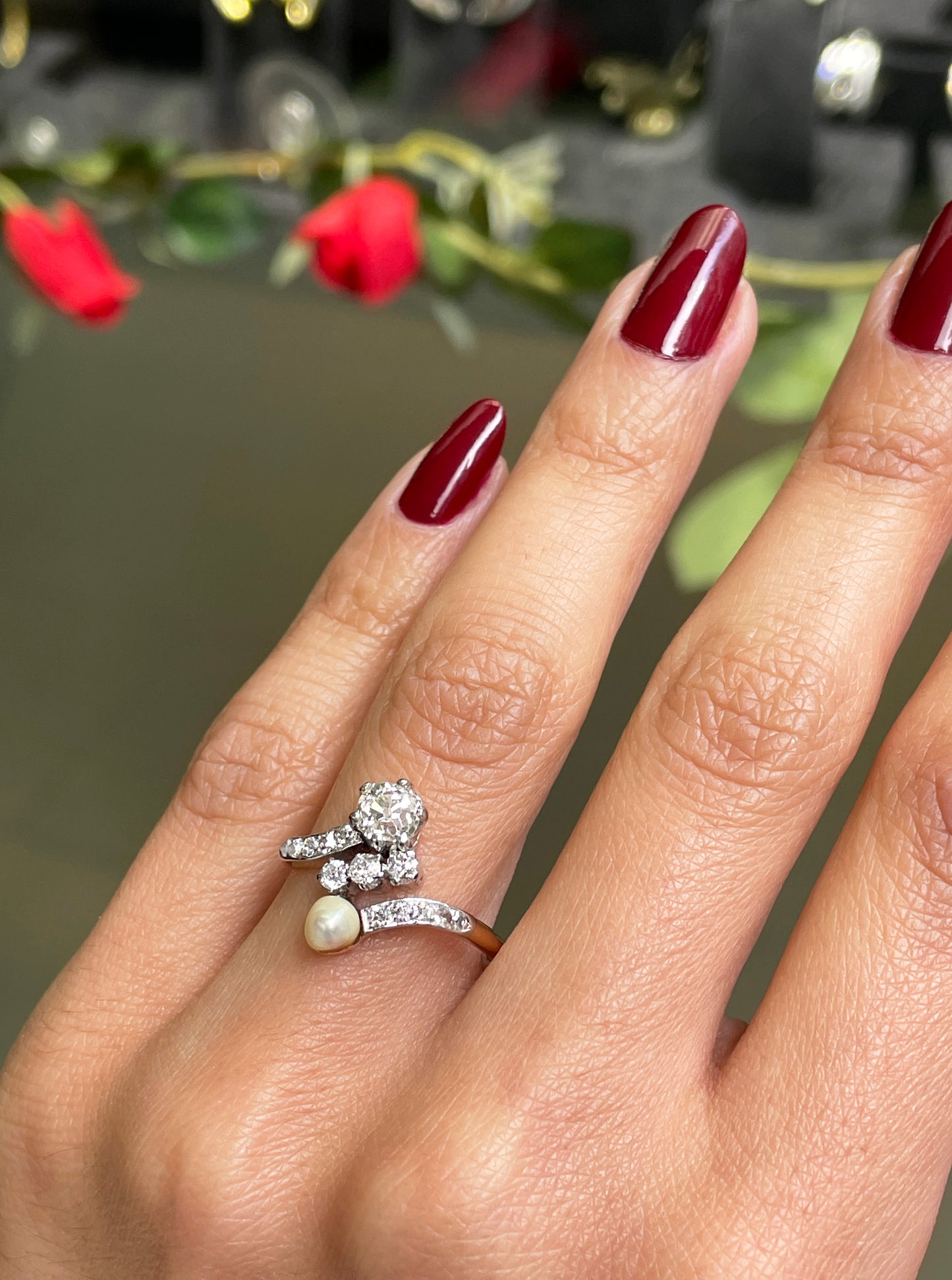 Pearl and Diamond Toi et Moi 18ct Gold and Platinum Engagement Ring, c.1910