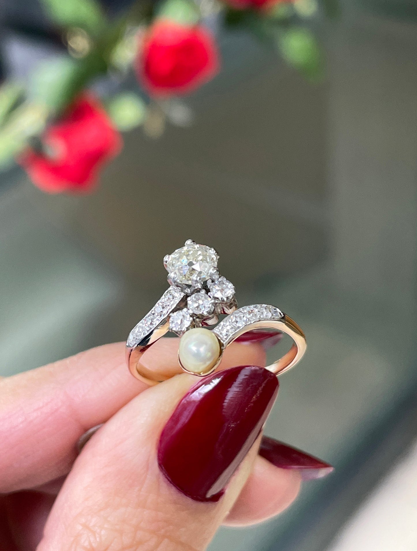 Pearl and Diamond Toi et Moi 18ct Gold and Platinum Engagement Ring, c.1910