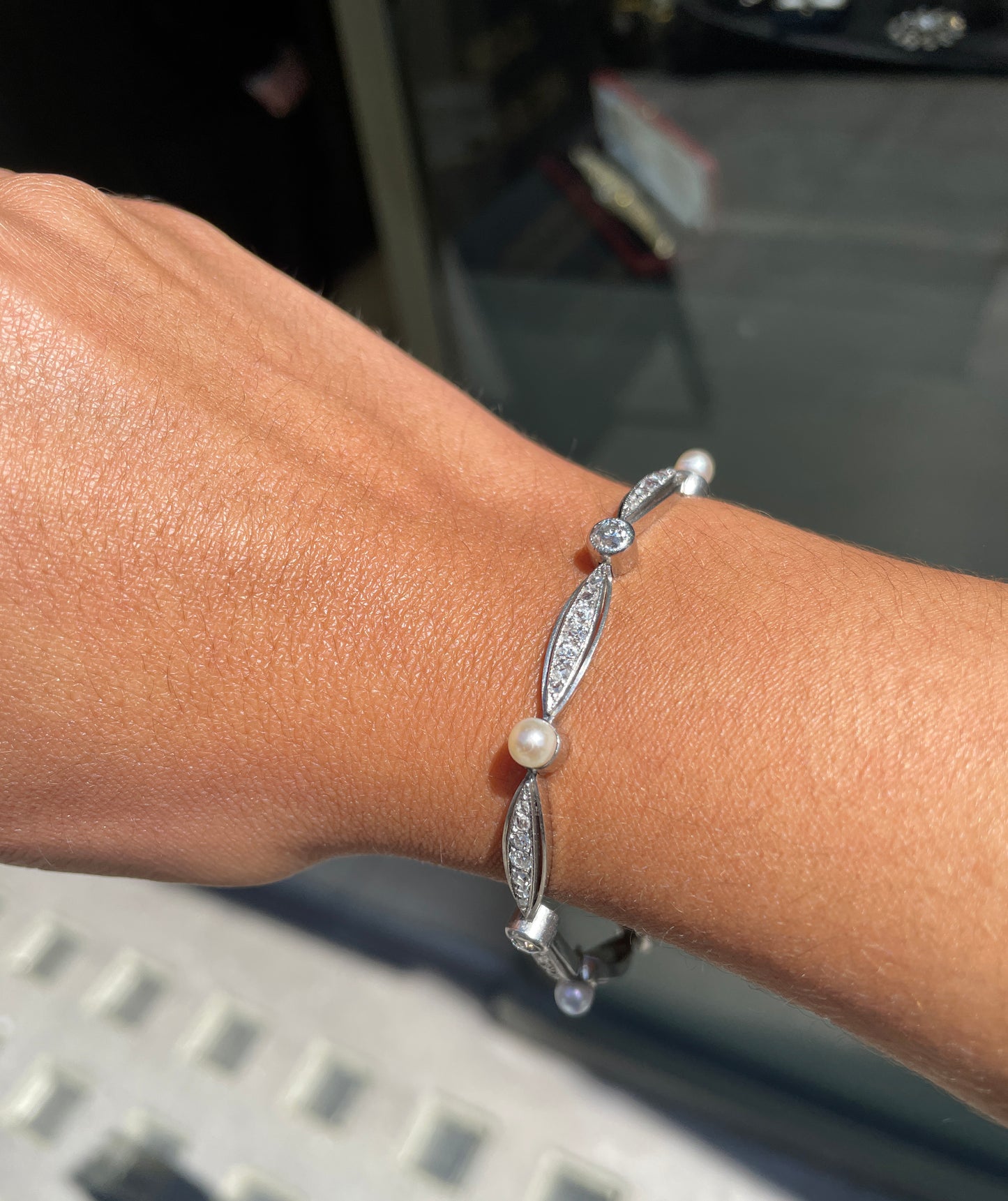 person wearing French Pearl and Diamond Platinum Bracelet