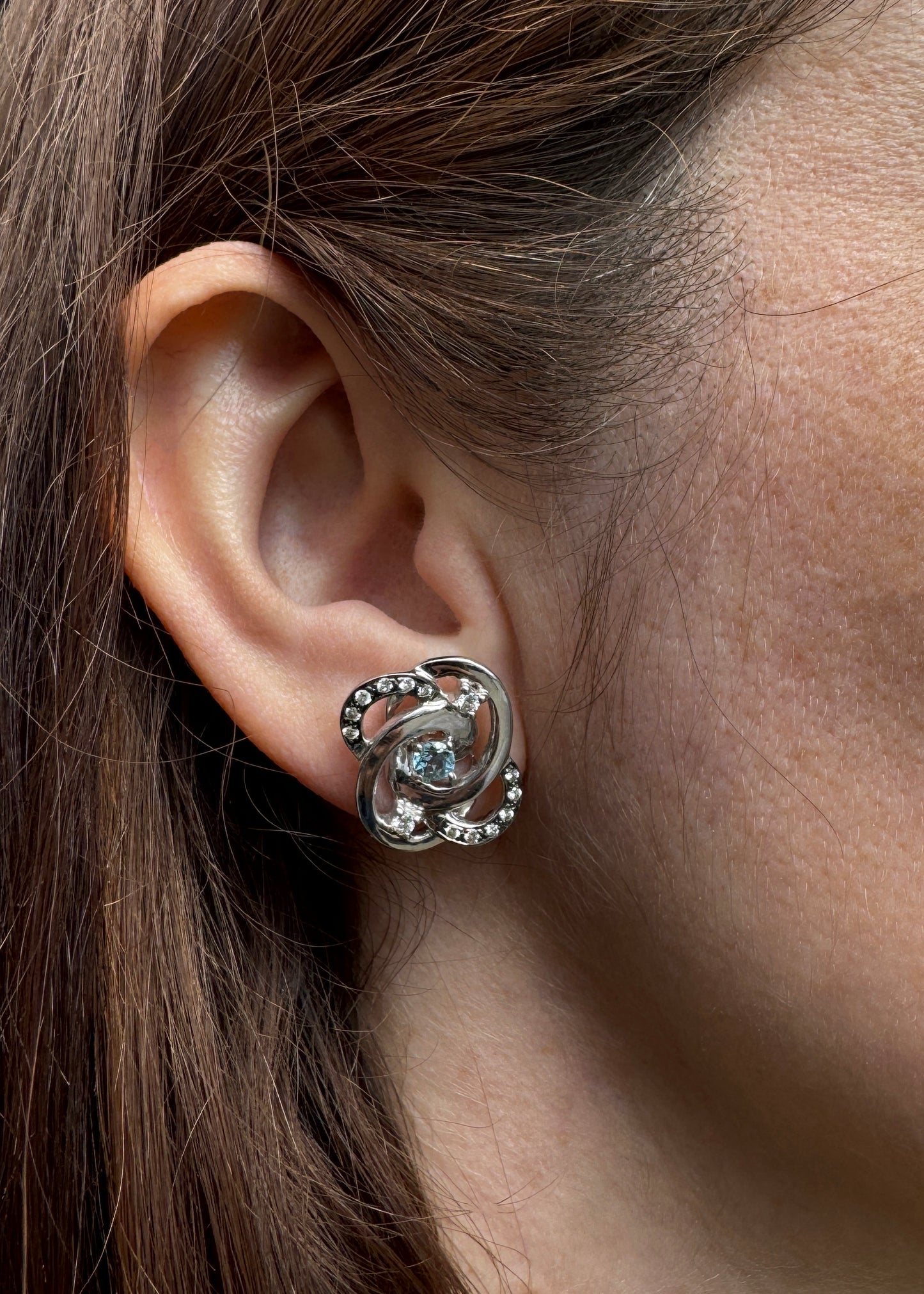Aquamarine and Diamond 18 Carat White Gold Interwoven Open Work Stud Earrings