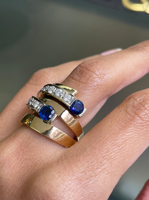 Blue Sapphire and Diamond 18 Carat White & Yellow Gold Wide Bypass Dress Ring