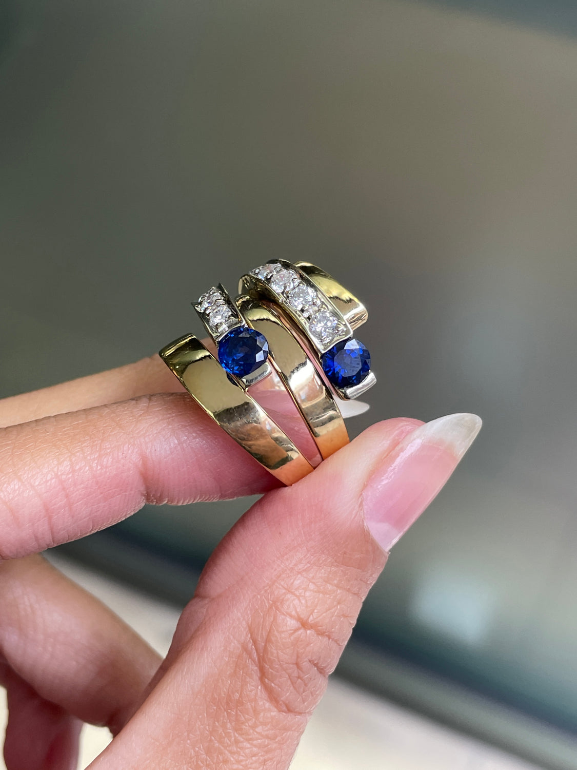 Blue Sapphire and Diamond 18 Carat White & Yellow Gold Wide Bypass Dress Ring