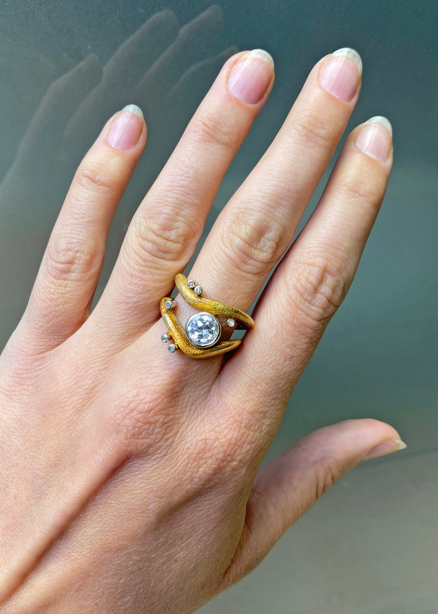 Vintage Diamond 18K Yellow & White Gold Wavy Open Work Abstract Cocktail Ring