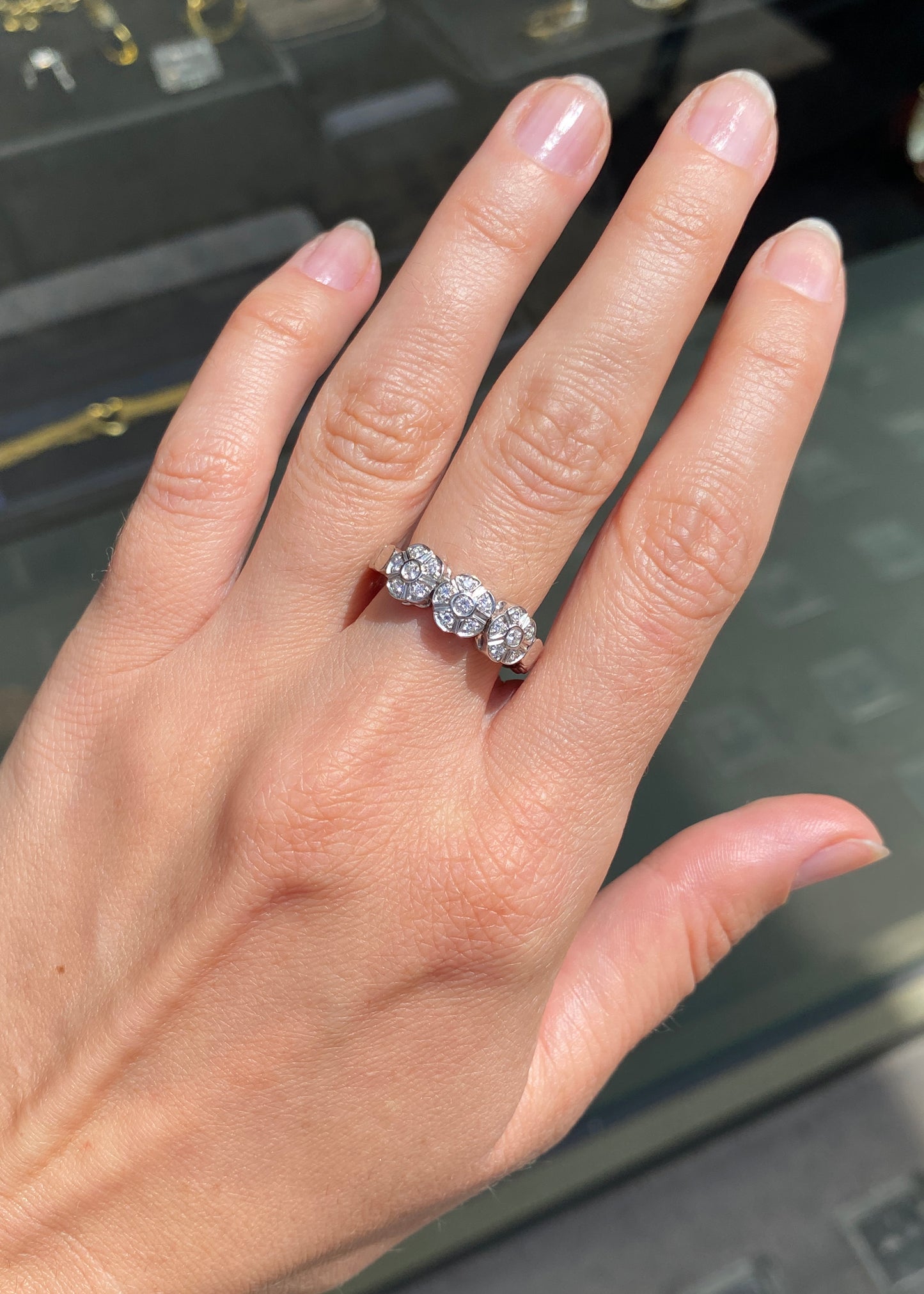 Triple Daisy Diamond Cluster 18 Carat White Gold Flexy Band Dress Ring