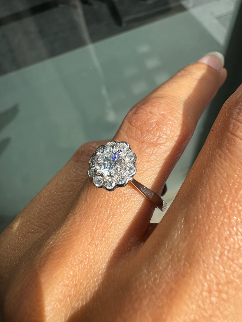 Close-up of a diamond ring on a hand with a blurred background