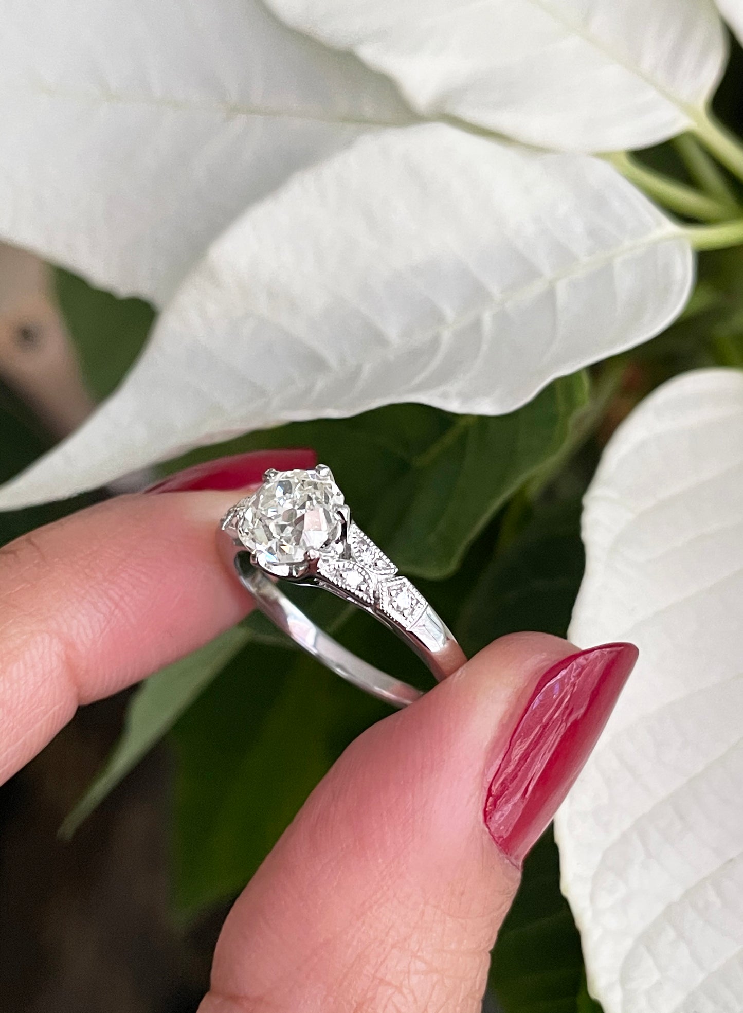 1.25 Carat Old Mine Cut Diamond Platinum Engagement Ring