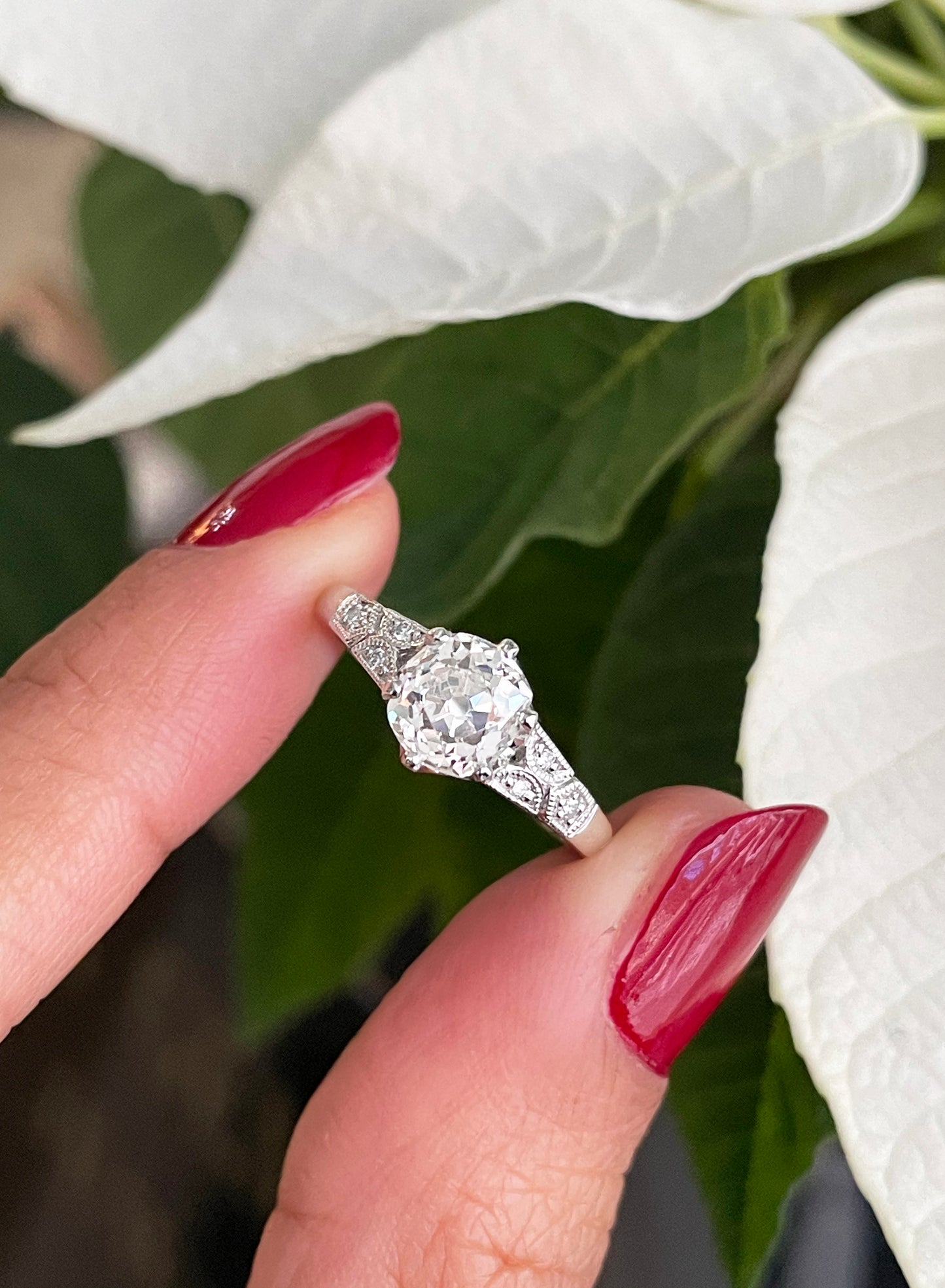 1.25 Carat Old Mine Cut Diamond Platinum Engagement Ring