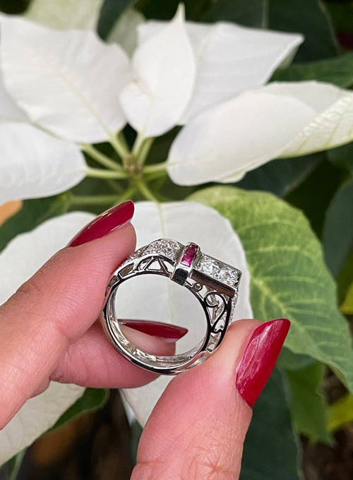 0.83 Carat Old European Cut Diamond and Ruby Platinum Engagement Ring, Circa 1950s