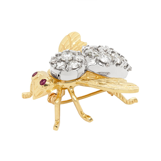 Diamond and Ruby 14 Carat White and Yellow Gold Bee Brooch