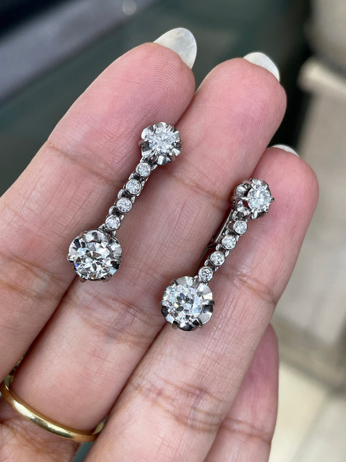 Vintage Diamond Platinum Linear Drop Earrings, circa 1950's