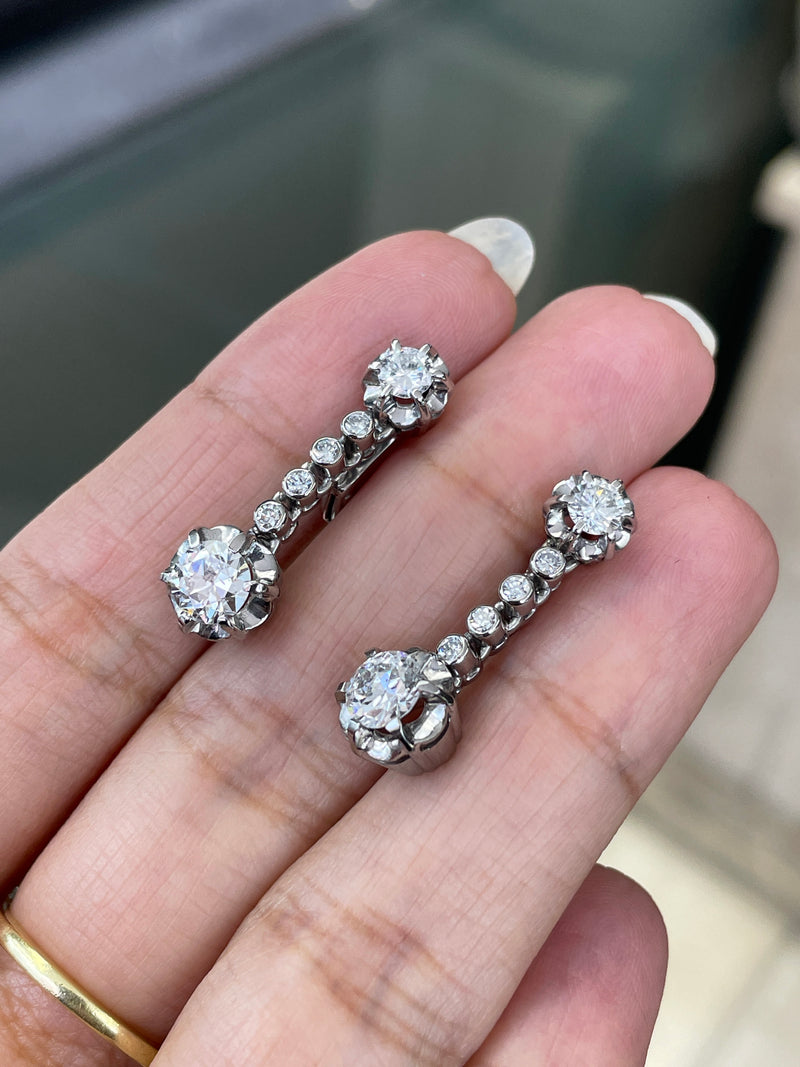 Vintage Diamond Platinum Linear Drop Earrings, circa 1950's