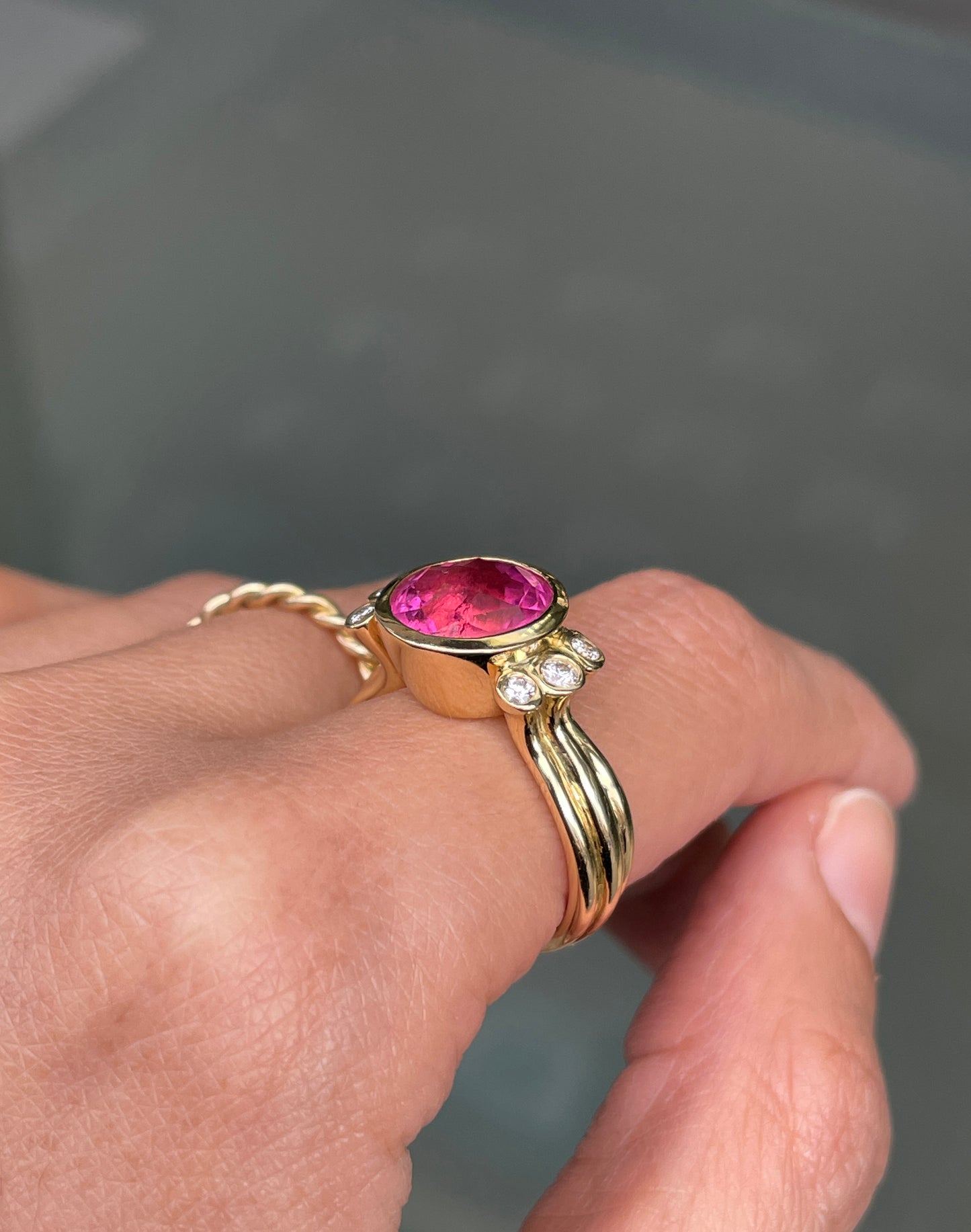 Dower and Hall 4.05ct Round Pink Tourmaline and Diamond 18ct Gold Dress Ring