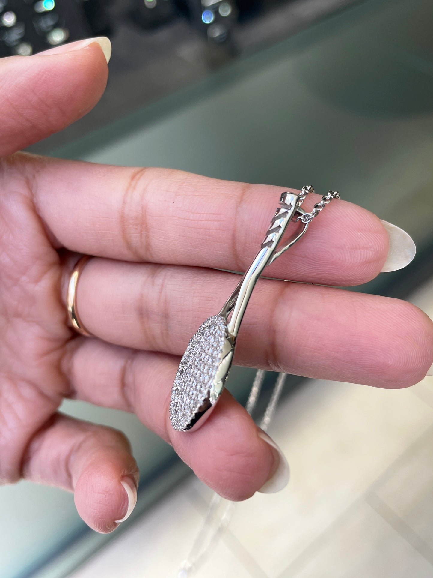 Diamond 18 Carat White Gold Tennis Racket Pendant and Chain