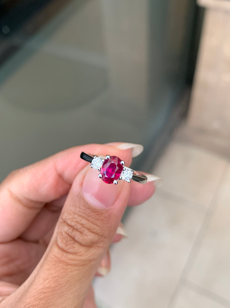 Natural Unheated Oval Ruby and Diamond 18 Carat Gold Three Stone Engagement Ring