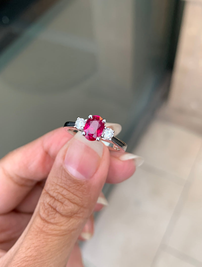 Natural Unheated Oval Ruby and Diamond 18 Carat Gold Three Stone Engagement Ring