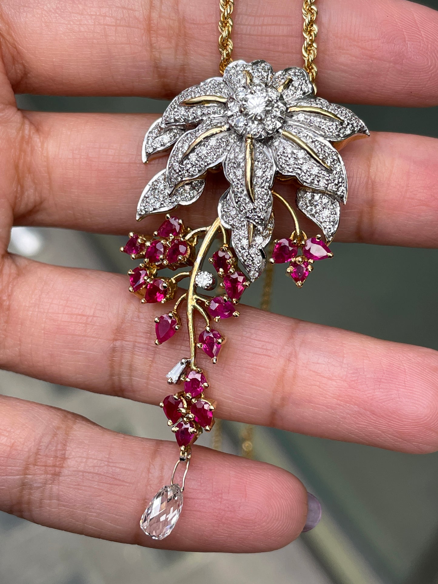 3.43ct Diamond and Ruby 18 Carat White & Yellow Gold Cascade Floral Pendant
