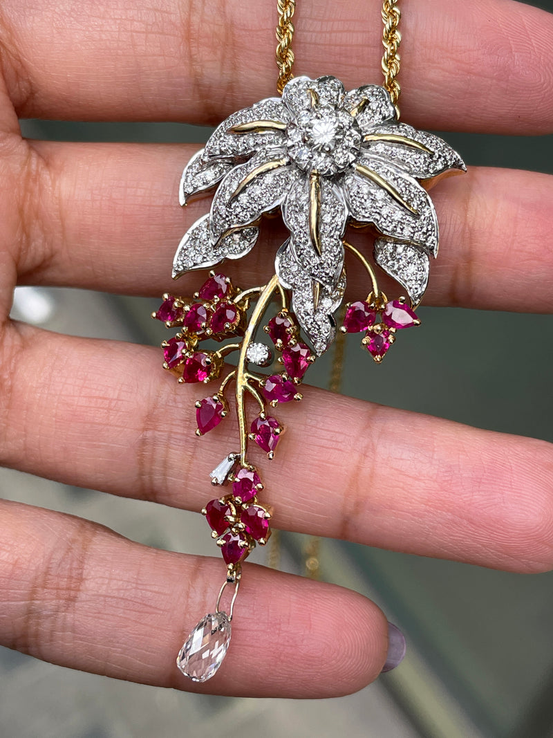 3.43ct Diamond and Ruby 18 Carat White & Yellow Gold Cascade Floral Pendant