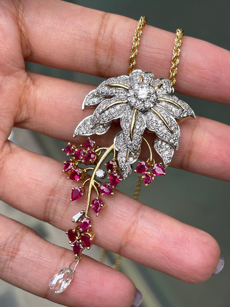 3.43ct Diamond and Ruby 18 Carat White & Yellow Gold Cascade Floral Pendant