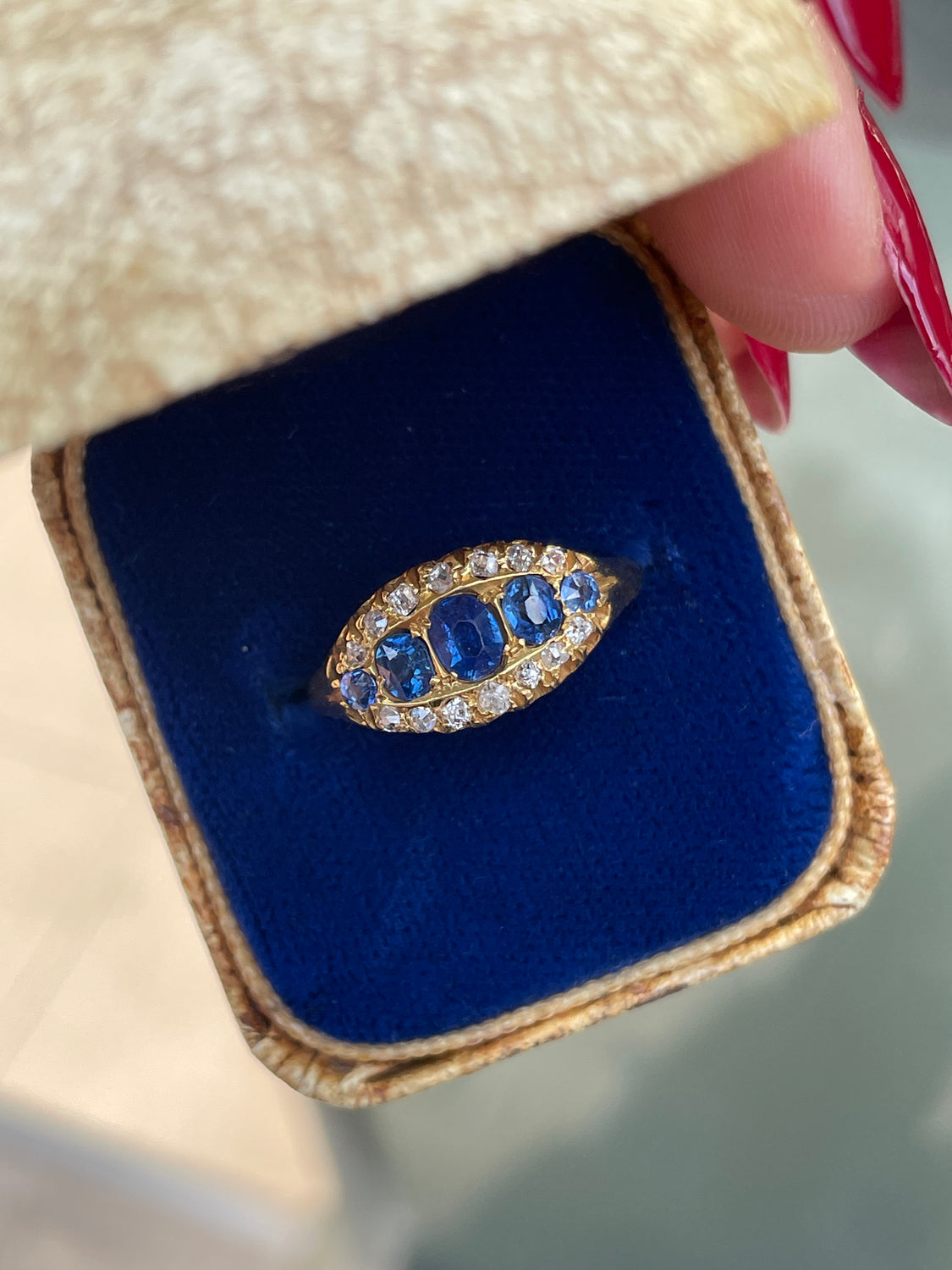 Antique Blue Sapphire and Old Cut Diamond 18 Carat Yellow Gold Ring, Circa 1890s