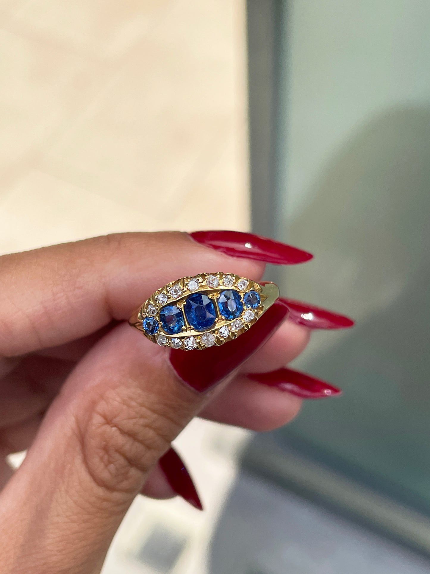 Antique Blue Sapphire and Old Cut Diamond 18 Carat Yellow Gold Ring, Circa 1890s