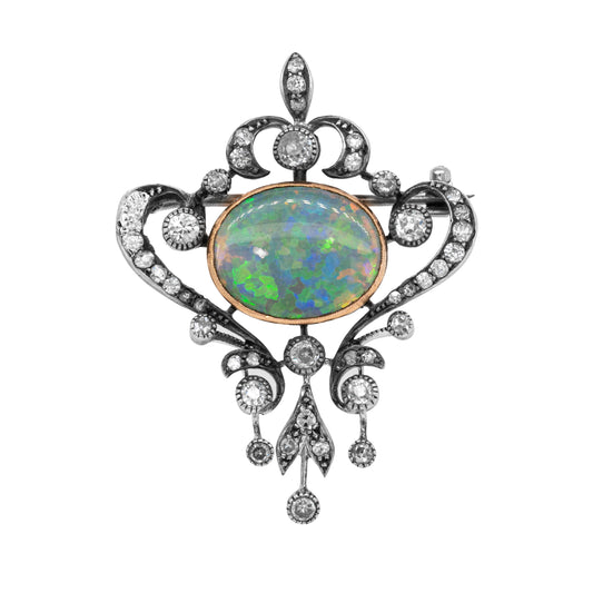 Antique Black Opal and Old Mine Cut Diamond Silver on Gold Brooch, circa 1880