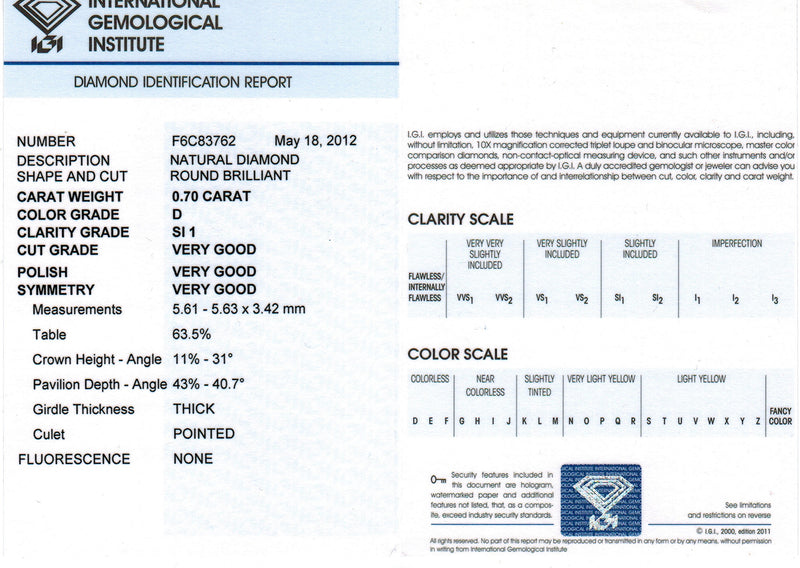 0.70ct D SI1 Round Brilliant Cut Diamond 18 Carat White Gold Engagement Ring