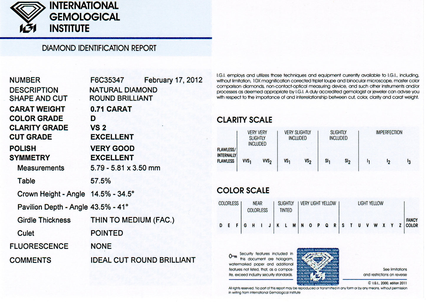 diamond identification certificate 0.71 carat