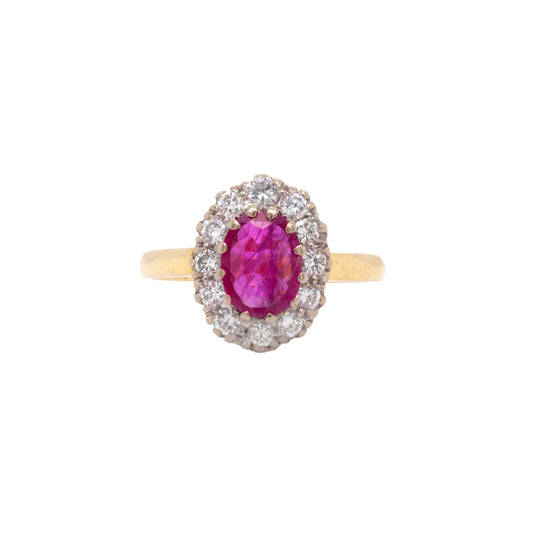 Oval Ruby and Diamond 18 Carat White and Yellow Gold Cluster Engagement Ring