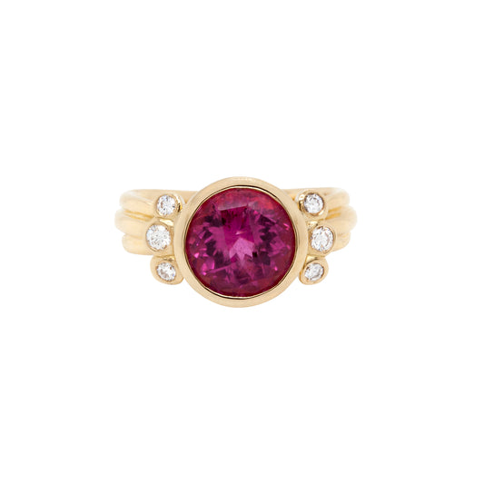 Dower and Hall 4.05ct Round Pink Tourmaline and Diamond 18ct Gold Dress Ring