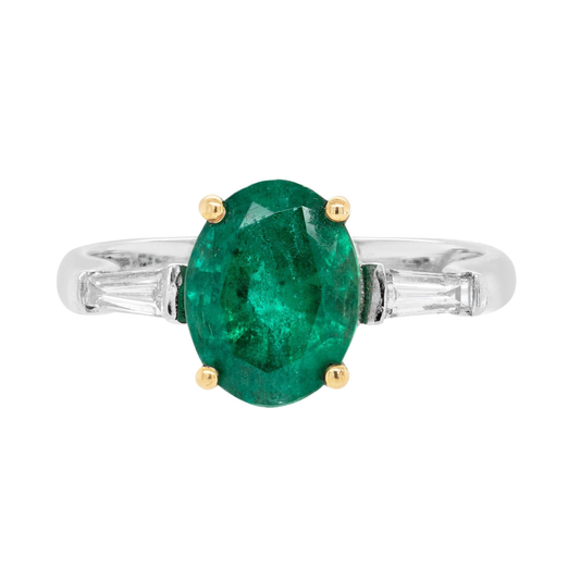 1.77 Carat Oval Emerald and Diamond platinum and 18 Carat Gold Engagement Ring