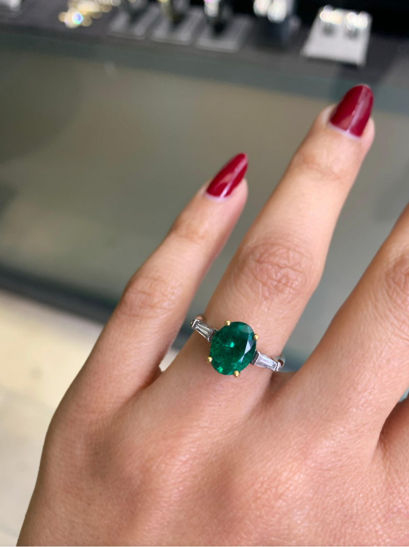 1.77 Carat Oval Emerald and Diamond platinum and 18 Carat Gold Engagement Ring