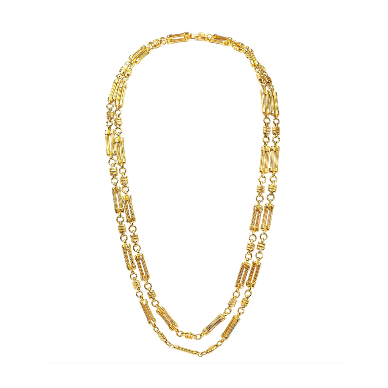 French 18 Carat Yellow Gold Double Round Bar Link Long Chain Necklace