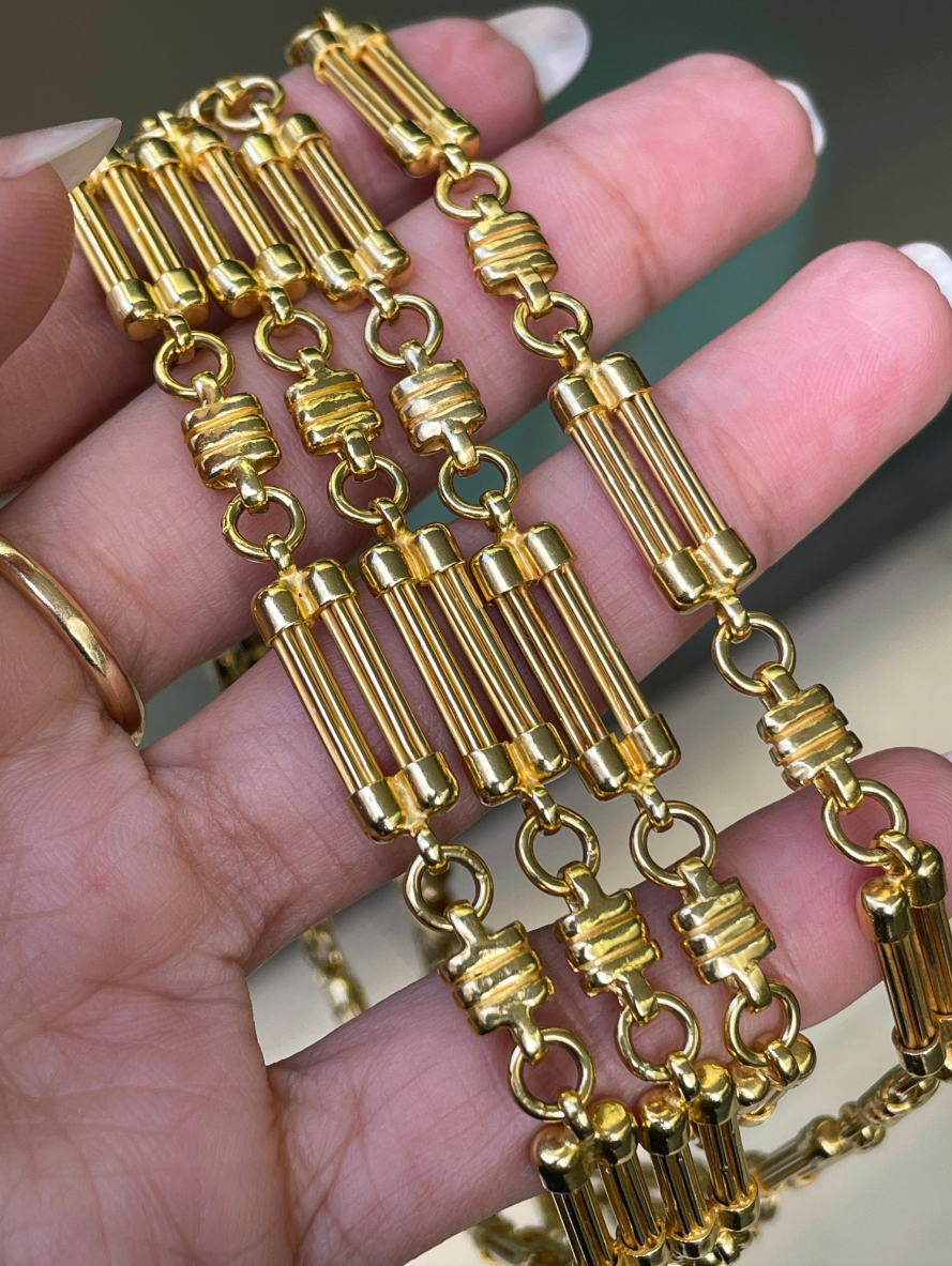 French 18 Carat Yellow Gold Double Round Bar Link Long Chain Necklace