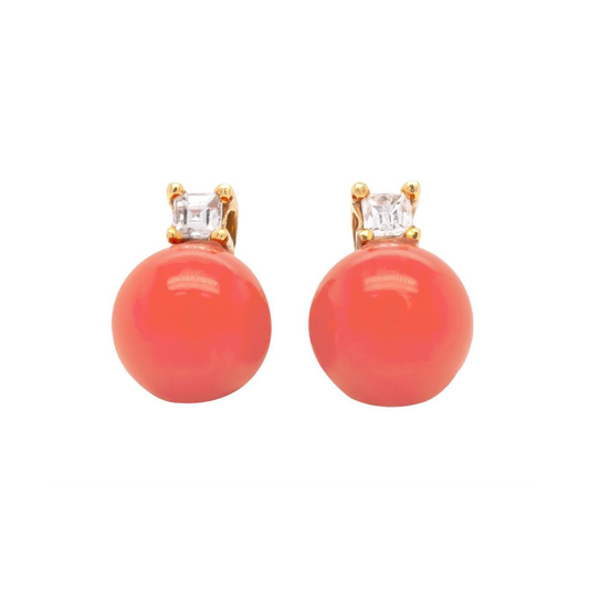 Coral and Diamond 18 Carat Yellow Gold Stud Earrings