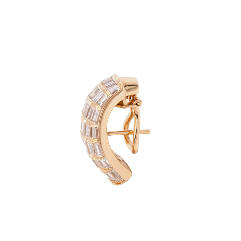 Baguette Cut Diamond 18 Carat Yellow Gold Dome J-Hoop Earrings