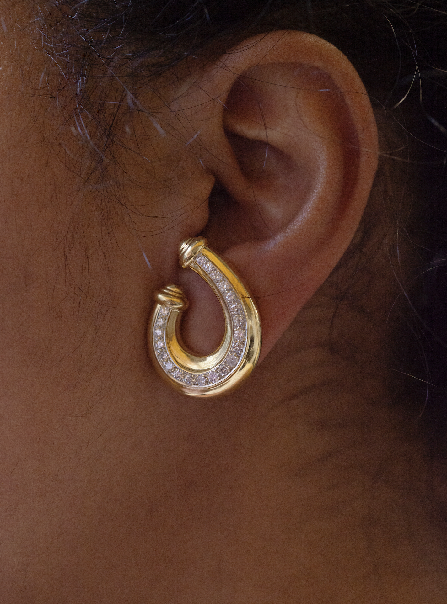 Vintage 1980's 18 Carat Yellow Gold and Diamond Curl Clip-on Earrings