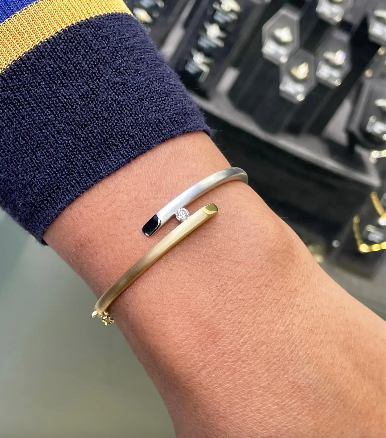 Diamond 18 Carat White and Yellow Gold Two Tone Crossover Bangle