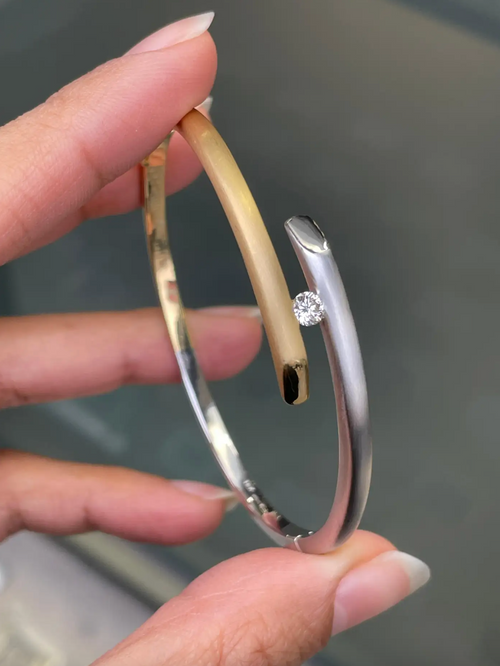 Diamond 18 Carat White and Yellow Gold Two Tone Crossover Bangle