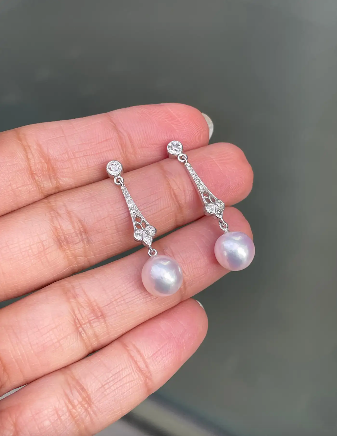 Pearl and Old Cut Diamond Open Work Platinum Drop Earrings
